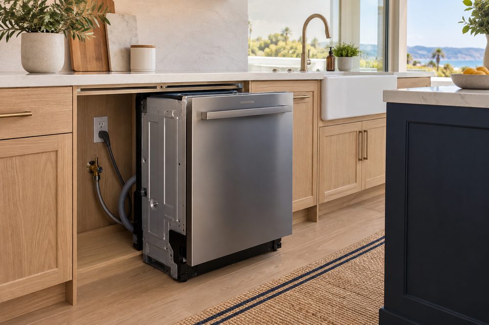 Built-in dishwasher installation with cabinetry and utility access